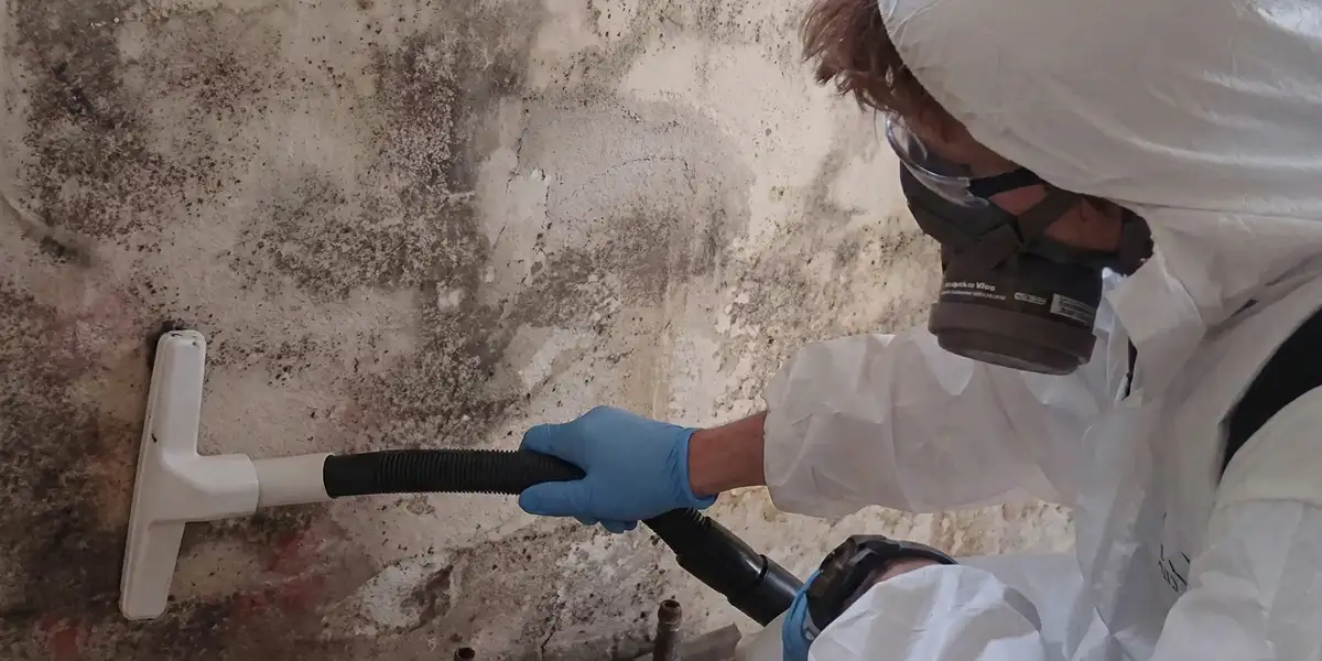 professional mold removal technician wearing protective equipment removing mold from a wall in Buffalo, NY