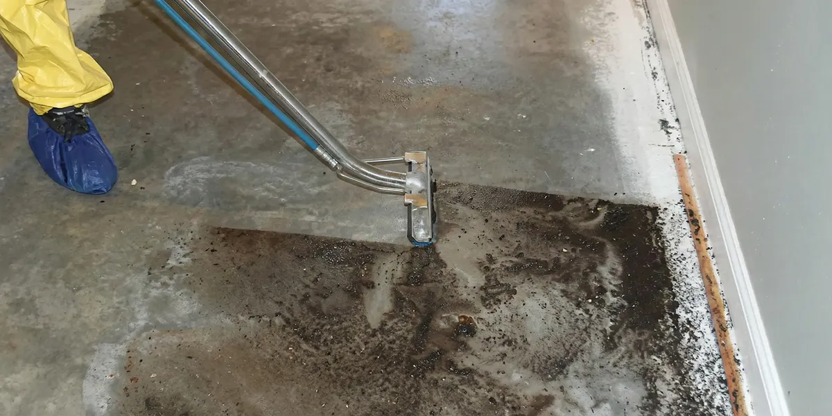 sewage removal technicians extracting contaminated wastewater from a residential floor in Buffalo, NY