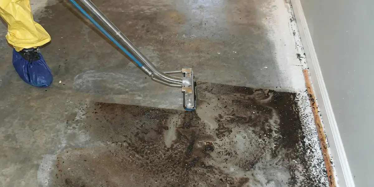 sewage removal technicians extracting contaminated wastewater from a residential floor in Buffalo, NY